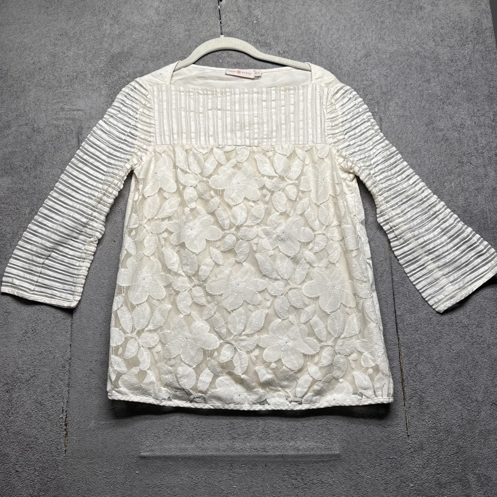 Tory Burch Womens Floral Lace Mesh Top Ivory Quiet Luxury XS Romantic Style